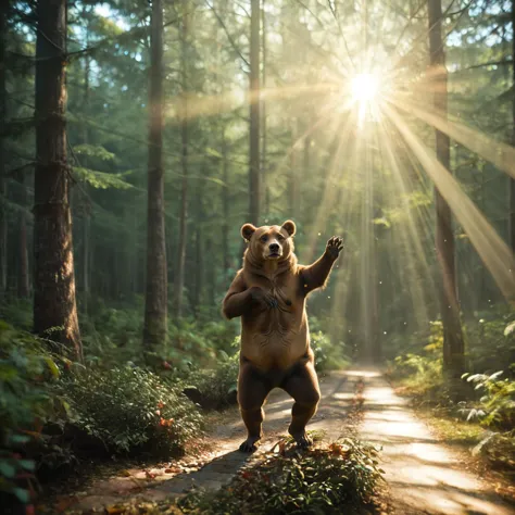 in a dense coniferous forest with thick tree trunks, we see a huge brown bear standing on its hind legs in the pose of a fashion...