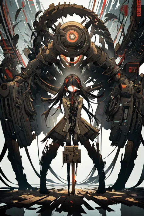 a poster of a woman standing in front of a giant robot