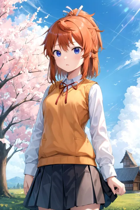 anime girl in school uniform standing in front of a tree