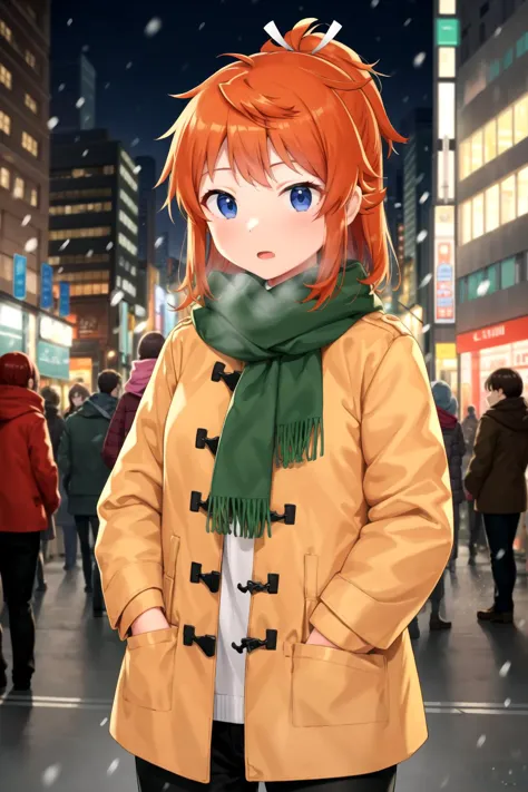 anime girl in a coat and scarf standing in a city street