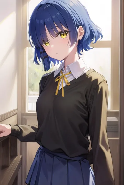 ryouyamada, <lyco:ryouyamada-lyco-nochekaiser:1>, 
ryou yamada, blue hair, eyes visible through hair, mole, mole under eye, short hair, (yellow eyes:1.5), hairclips,
BREAK black pantyhose, black ribbon, blue skirt, brown footwear, loafers, long sleeves, pantyhose, ribbon, school uniform, shimokitazawa high school uniform, shirt, shoes, skirt, white shirt,
BREAK indoors, classroom,
BREAK looking at viewer, (cowboy shot:1.5),
BREAK <lyco:GoodHands-beta2:1>, (masterpiece:1.2), best quality, high resolution, unity 8k wallpaper, (illustration:0.8), (beautiful detailed eyes:1.6), extremely detailed face, perfect lighting, extremely detailed CG, (perfect hands, perfect anatomy),