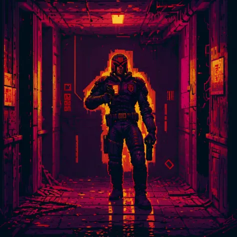 Dredd holding a gun in a dark brutalist hallway, jdgdrdd, red neon light, glow, dilapidated, peeling paint,