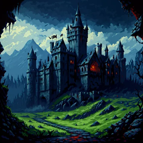 a painting of a castle with a dark sky and mountains in the background