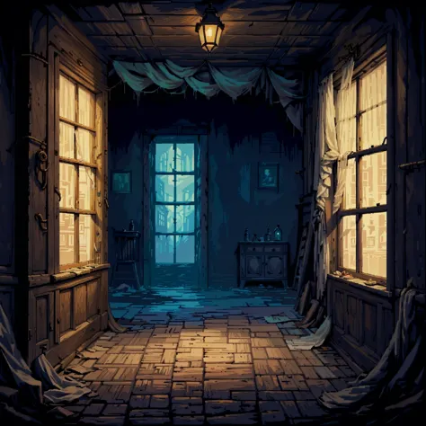 An investigator exploring the shadowy, narrow streets of Innsmouth, catching fleeting glimpses of figures watching from behind curtained, grimy windows of ancient, sea-weathered houses.