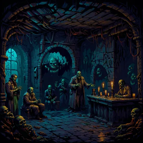 a painting of a group of people in a dark room with skulls