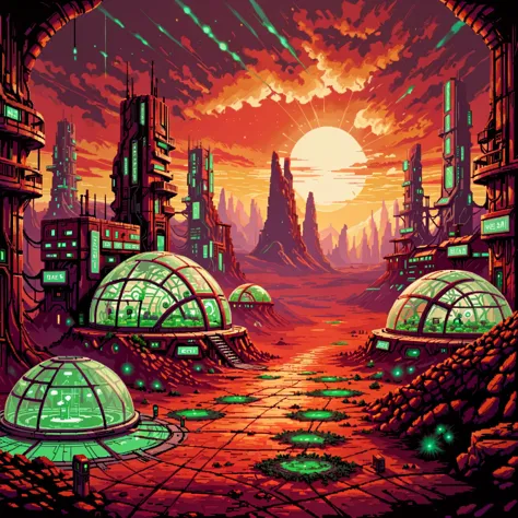 A futuristic city on Mars, featuring domed habitats and a network of interconnected greenhouses, under a glowing red sky