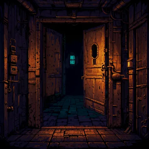 a dark hallway with a door and a window in the middle