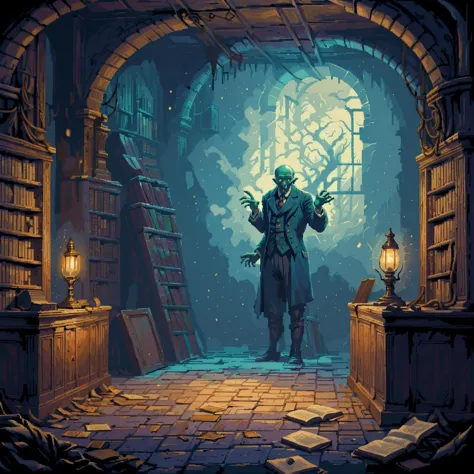 a man in a dark room with a lantern and books