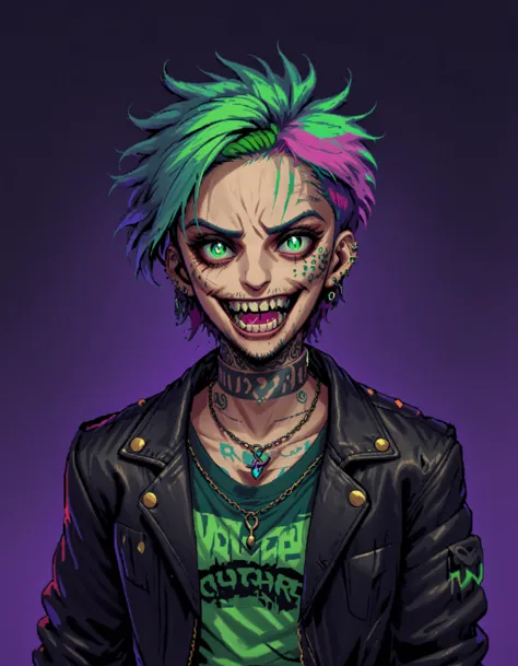 a drawing of a person with green hair and a leather jacket