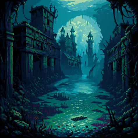 An eerie underwater scene showing the submerged ruins of old Innsmouth, with shadowy figures moving amongst the seaweed-covered remnants of the town.