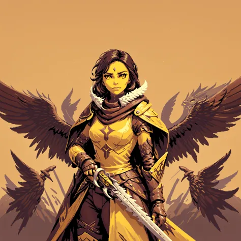 a woman with a sword and wings standing in front of a brown background