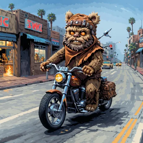 painting of a bear riding a motorcycle down a street with a dog on the back