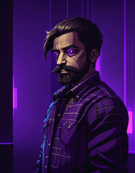 reshadexl, purple theme, solo, shirt, 1boy, monochrome, upper body, male focus, plaid, facial hair, beard, mustache, plaid shirt, checkered shirt, neon lighting, side lighting, duochrome, duotone <lora:ReShadeSDXL:0.8>