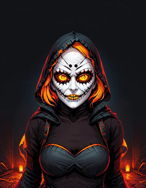 a woman with a hoodie and a skull face in a dark room