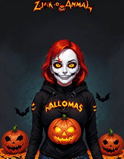 1girl, domino mask, bag, bat (animal), black shirt, english text, facial hair, hallows_eve, heart, hood, jack-o'-lantern, jewelry, kiss, makeup, red hair, short hair, skin tight, smile, solo focus, staff <lora:HallowsEveXL:1>