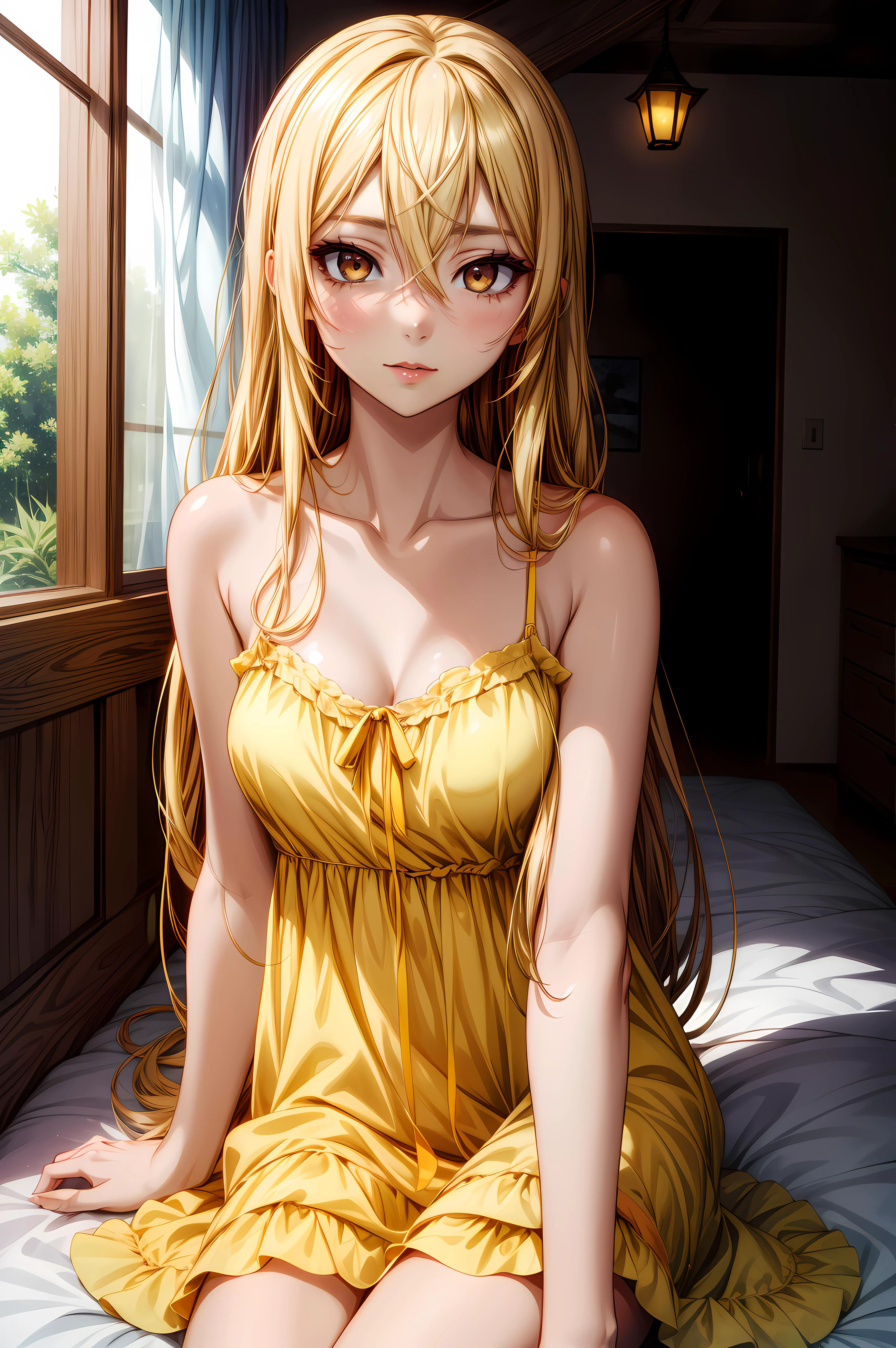 (masterpiece, best quality), mashiro shiina, caramel-colored eyes, blonde hair, long hair, hair between eyes, long eyelashes,edgYSD,woman wearing a yellow sundress, 
