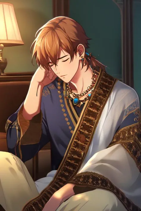 (masterpiece),(best_quality),sleeping,1boy,Shaka,jewelry,collarbone,indian clothes,see-through,<lora:Shaka:1>,