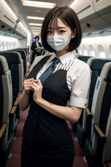 (((masterpiece, best quality, highres, raw photo))), 1 girl, dark brown bob cut, large breasts, flight attendant, mouth mask, short tie, standing, hands together, looking at viewer, airliner,