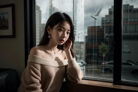(((masterpiece, best quality, highres, raw photo))), 1 girl, titian razor cut, sweater, off shoulder, earrings, sitting, worried, looking at viewer, cafe, window, (rainy:1.3), soft lighting,