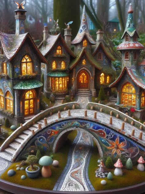 A whimsical miniature ais-mosaic fairy village, ais-mosaic houses, ais-mosaic bridges, and gardens all made from ais-mosaic, smoke from chimneys, buildings with ethereal lights, dark, atmospheric, dynamic, cinematic, masterpiece, intricate, hdr <lora:Mosaic_Texture_SDXL:1>