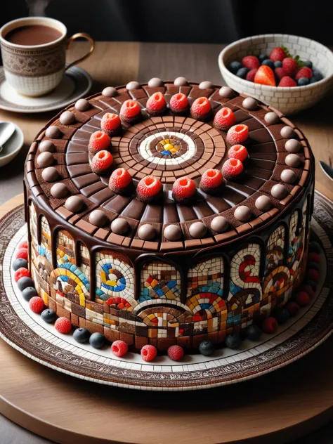 <lora:Mosaic_Texture_SDXL:1> ais-mosaic chocolate cake on a table, masterpiece