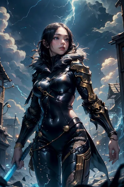 jinsoyun, thundermagic, lightning, excessive energy, 1girl, (from below:1.2), beautiful korean girl, standing, upper body, looking at viewer, large breasts, abs, narrow waist, wide hips, black bodysuit, shoulder armor, fishnet, single gauntlet, bracelet, high detailed skin, realistic skin, skin texture, nice hands, perfect hands, holding sword, blue sword, (The Underworld:1.2), (masterpiece, top quality, best quality, official art, beautiful and aesthetic:1.2), extreme detailed, epic cinematic, soft nature lights, rim light, absurd, amazing, hyper detailed, ultra realistic, soft colors,<lora:jinsoyun-nvwls-v1:0.9> <lora:ReaLora:0.3> <lora:ThunderMagic:0.5> <lora:GoodHands-vanilla:1> <lora:more_details:0.3>