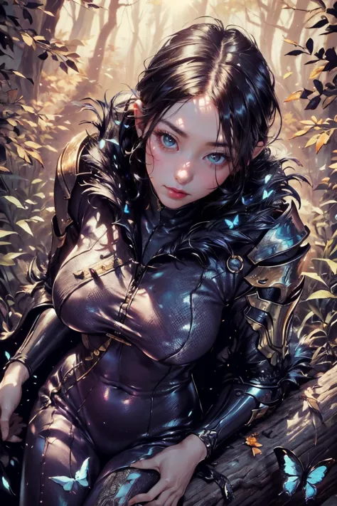 jinsoyun, 1girl, (from above:1.2), beautiful korean girl, sitting, upper body, looking at viewer, large breasts, abs, narrow waist, wide hips, (white bodysuit:1.5), shoulder armor, fishnet, single gauntlet, bracelet, , high detailed skin, realistic skin, skin texture, nice hands, perfect hands, , (spring \(season\), Enchanted Forest, log, dappled sunlight, sun glare, falling leaves, (bird, butterfly:1.2):1.2), (masterpiece, top quality, best quality, official art, beautiful and aesthetic:1.2), extreme detailed, epic cinematic, soft nature lights, rim light, absurd, amazing, hyper detailed, ultra realistic, soft colors,<lora:jinsoyun-nvwls-v1:0.9> <lora:ReaLora:0.3> <lora:GoodHands-vanilla:1>  <lora:more_details:0.3>