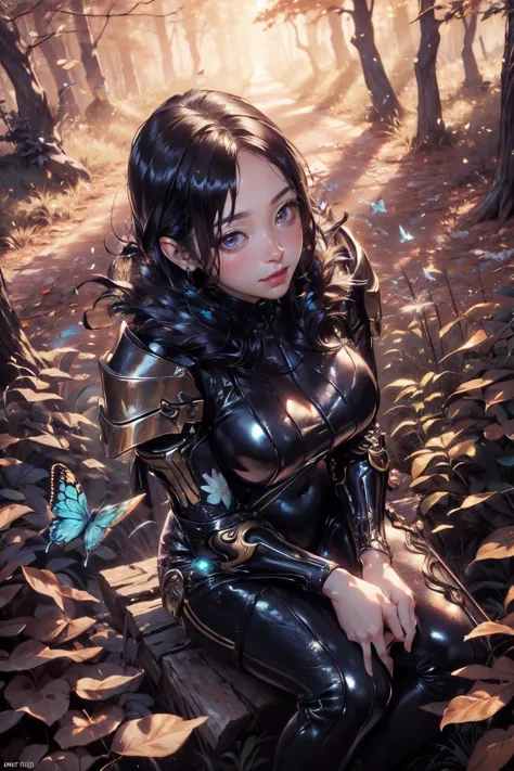 jinsoyun, 1girl, (from above:1.2), beautiful korean girl, sitting, upper body, looking at viewer, large breasts, abs, narrow waist, wide hips, (white bodysuit:1.5), shoulder armor, fishnet, single gauntlet, bracelet, , high detailed skin, realistic skin, skin texture, nice hands, perfect hands, , (Enchanted Forest, log, dappled sunlight, sun glare, falling leaves, (bird, butterfly:1.2):1.2), (masterpiece, top quality, best quality, official art, beautiful and aesthetic:1.2), extreme detailed, epic cinematic, soft nature lights, rim light, absurd, amazing, hyper detailed, ultra realistic, soft colors,<lora:jinsoyun-nvwls-v1:0.9> <lora:ReaLora:0.3> <lora:GoodHands-vanilla:1>  <lora:more_details:0.3>