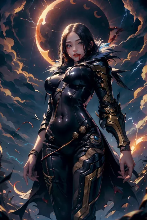 a woman in armor standing in front of a full moon