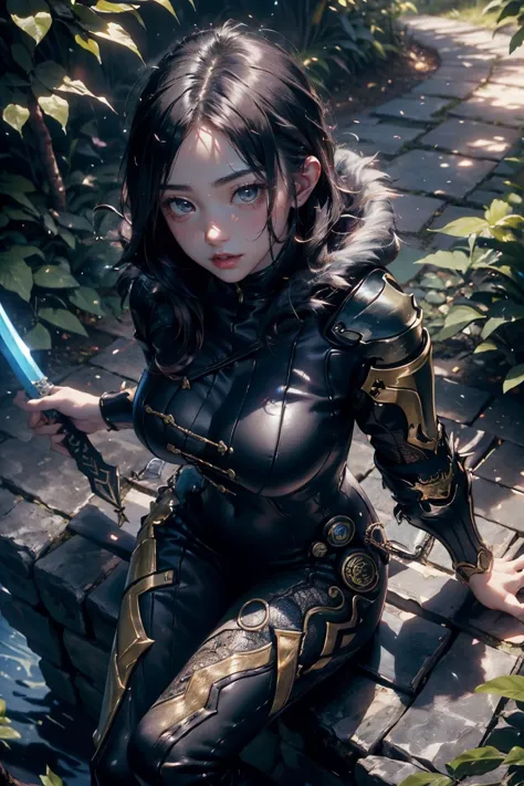 jinsoyun, thundermagic, lightning, excessive energy, 1girl, (from above:1.2), beautiful korean girl, sitting, upper body, looking at viewer, large breasts, abs, narrow waist, wide hips, black bodysuit, shoulder armor, fishnet, single gauntlet, bracelet, high detailed skin, realistic skin, skin texture, nice hands, perfect hands, holding sword, blue sword, (Enchanted Forest:1.2), (masterpiece, top quality, best quality, official art, beautiful and aesthetic:1.2), extreme detailed, epic cinematic, soft nature lights, rim light, absurd, amazing, hyper detailed, ultra realistic, soft colors,<lora:jinsoyun-nvwls-v1:0.9> <lora:ReaLora:0.3> <lora:ThunderMagic:0.5> <lora:GoodHands-vanilla:1> <lora:more_details:0.3>