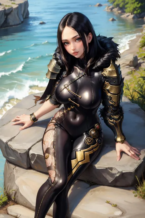 masterpiece, best quality,   <lora:jinsoyun-nvwls-v1-000009:0.9> jinsoyun, black bodysuit, shoulder armor, fishnet, single gauntlet, bracelet, large breasts, sitting, from above, river, boulder, on ground, looking at viewer, from above