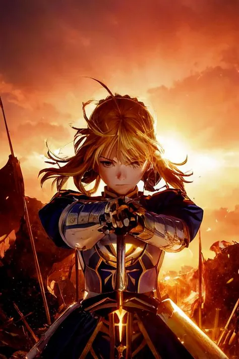 a woman in a dress holding a sword in front of a sunset