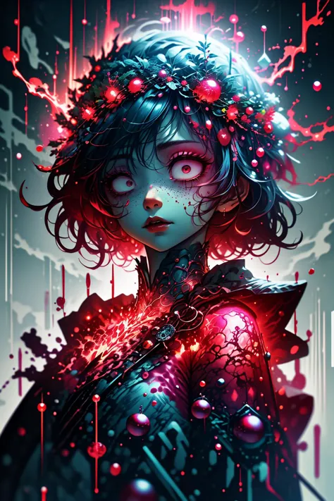 a woman with blood splattered on her face and a crown of flowers