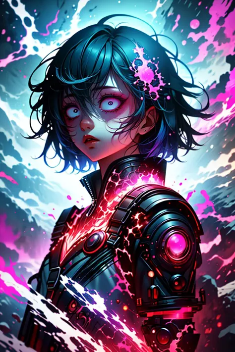 a woman with blue hair and a futuristic outfit stands in front of a pink sky