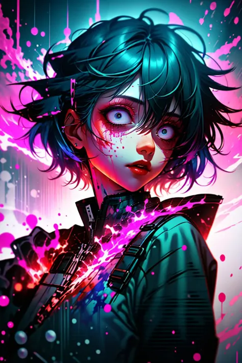 a girl with blue hair and a black jacket with pink paint on her face