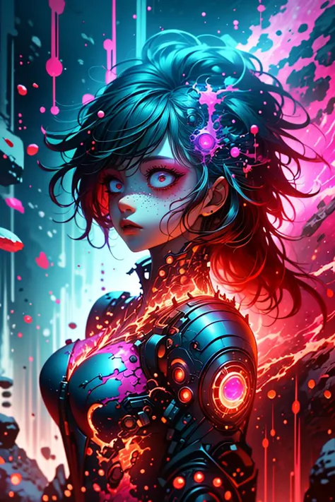 a woman with a futuristic look and glowing hair standing in front of a futuristic city