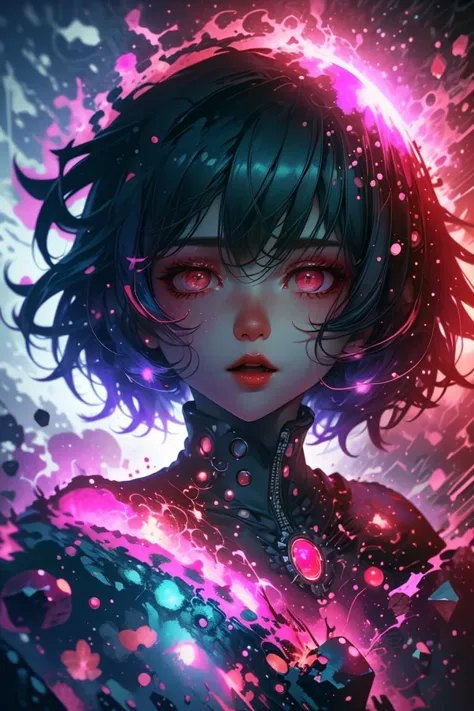 a girl with black hair and red eyes standing in front of a pink light