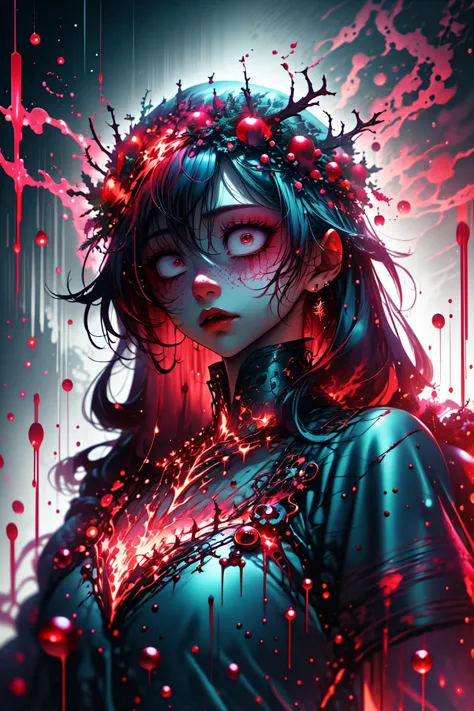 a woman with blood on her face and a crown of flowers