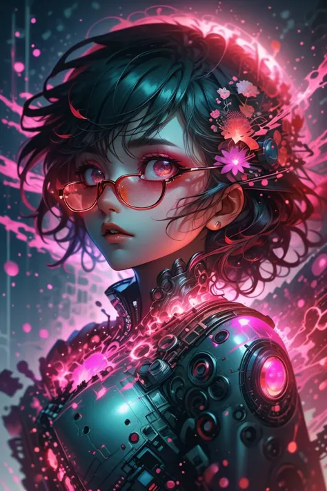 a girl with glasses and a futuristic outfit with pink lights