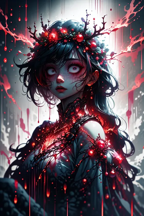 a woman with blood dripping on her face and a crown of flowers