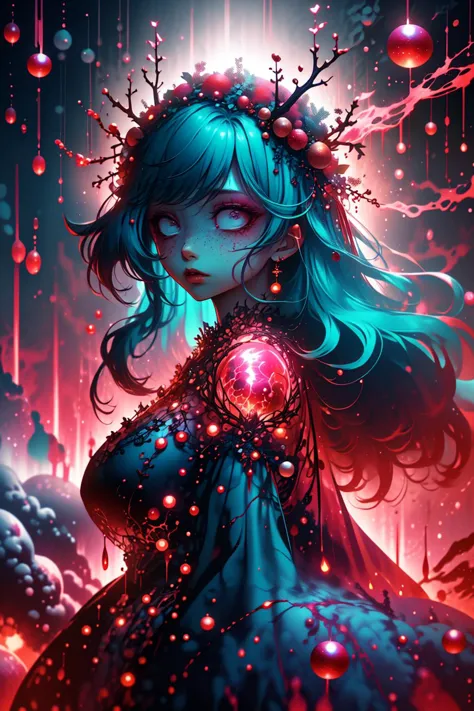 a girl with blue hair and a crown holding a crystal ball