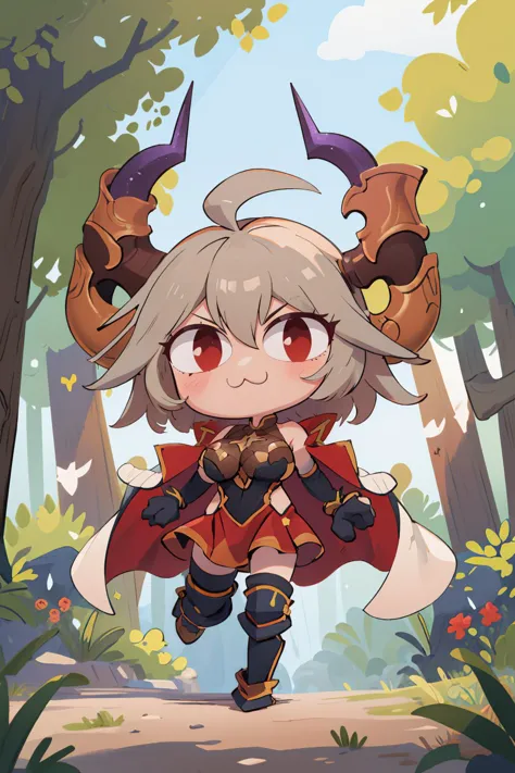 (masterpiece, best quality:1.2), chibi, solo, 1girl, threo, necoarc, :3, looking at viewer, ahoge, slit pupils, armor, cape, red...