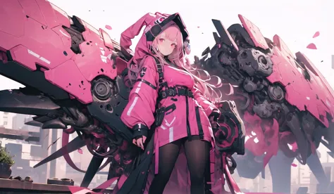 a close up of a person in a pink outfit with a large robot