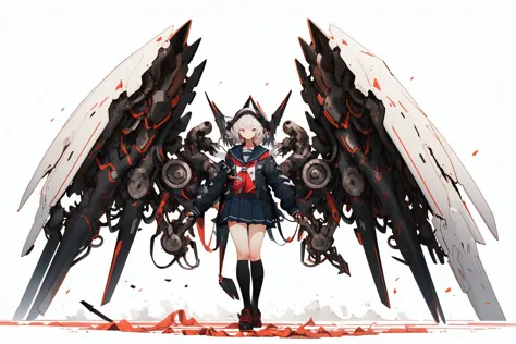 symmetrical  mechanical wings, (1girl), solo, school uniform,standing, white background,  looking at viewer, open clothes,  <lora:GiganticBoosterWingsConcept:1>, (masterpiece, best quality, high quality, highres, ultra-detailed),