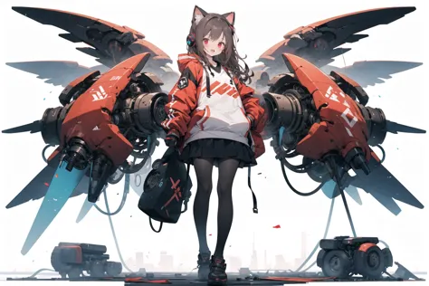 anime girl with wings and a backpack standing in front of a giant robot