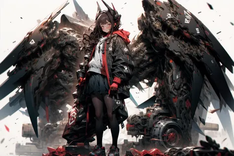 anime girl with wings and a sword standing in front of a pile of debris