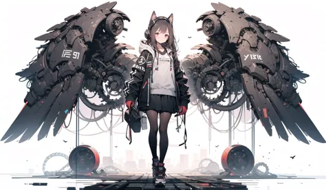 anime girl with wings and a white shirt standing in front of a giant machine