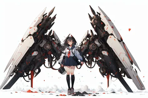 symmetrical  mechanical wings with big fans, (1girl), solo, school uniform,standing, white background,  looking at viewer, open clothes,  <lora:GiganticBoosterWingsConcept:1>, (masterpiece, best quality, high quality, highres, ultra-detailed),