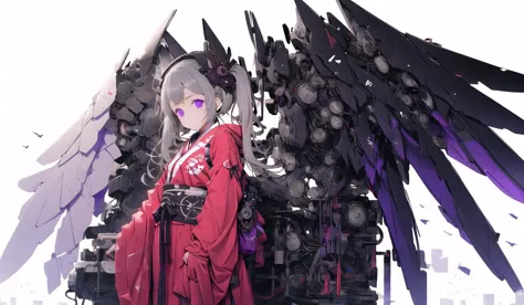 grey mechanical wings, 1girl, solo, purple eyes, white background, mecha musume, looking at viewer, twintails, long hair, simple background, japanese clothes, wide sleeves, bangs, long sleeves, closed mouth<lora:giganticmechanicalwings-pynoise-000009:1>