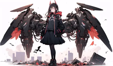 red mechanical wings, 1girl, red eyes, pantyhose, solo, long hair, skirt, jacket, black pantyhose, hood, shoes, headgear, pleated skirt, black skirt, long sleeves, standing, brown hair, bangs, gloves, white background, black jacket, looking at viewer, hoodie, open clothes, closed mouth, black footwear, black gloves <lora:giganticmechanicalwings-pynoise-000010:1>